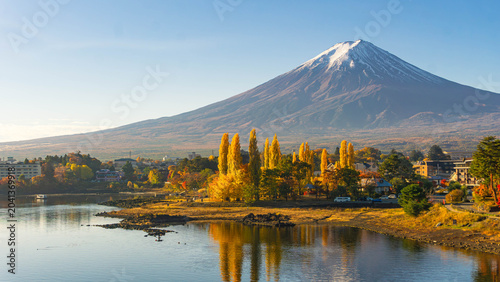 Beautiful Fuji mountain and Kawaguchiko lake at sunrise, Autumn seasons at Yamanachi in Japan.