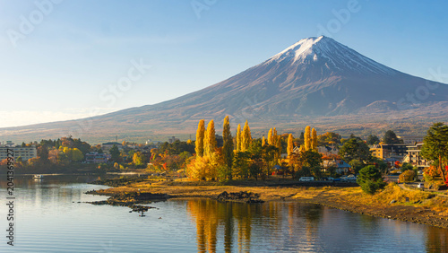 Beautiful Fuji mountain and Kawaguchiko lake at sunrise, Autumn seasons at Yamanachi in Japan.