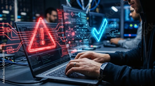 Man working on laptop with warning and checkmark symbols on screen in office
