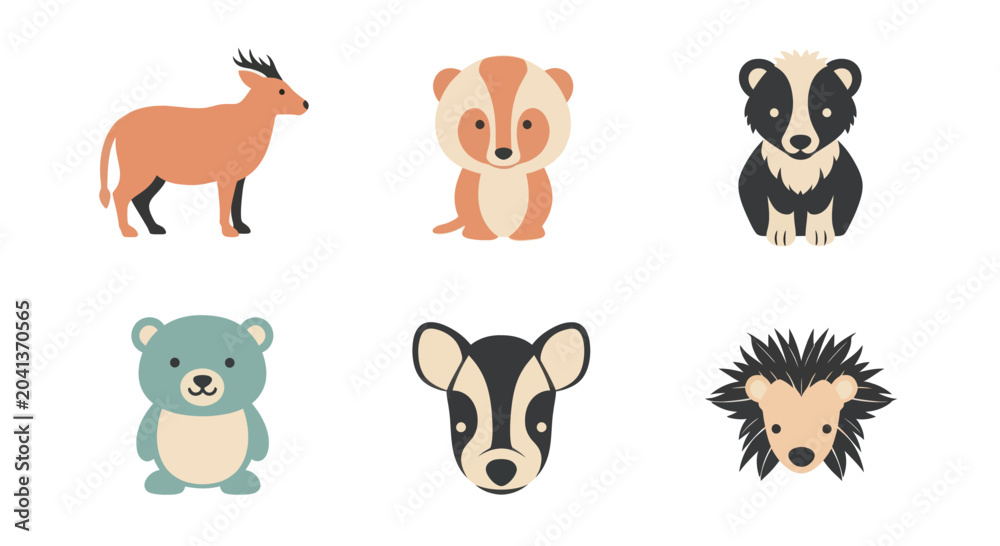 Fototapeta premium Cute wild animal cartoon icons with antelope, mongoose, badger, bear, deer, and hedgehog illustrations, perfect for kids education and wildlife projects