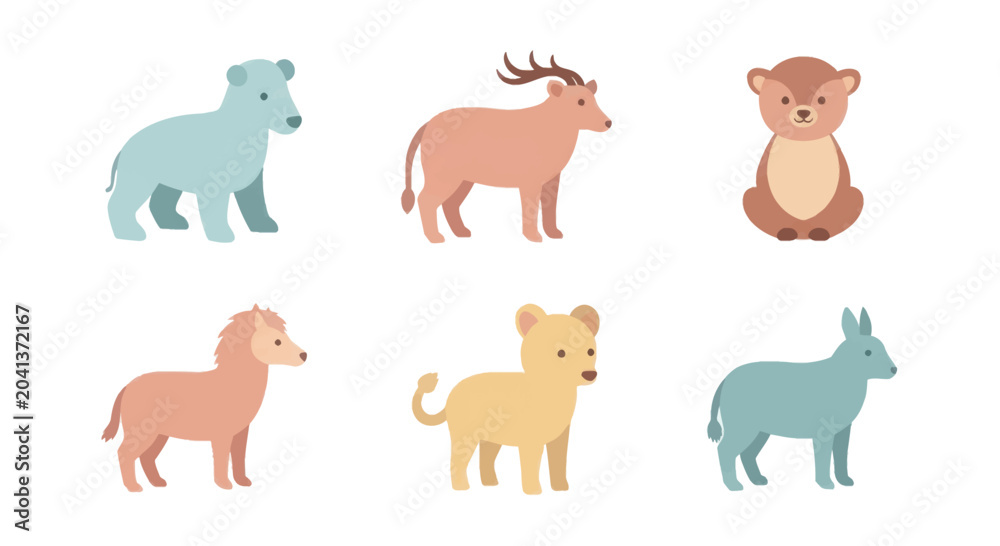 Obraz premium Cute cartoon baby animals collection with bear, deer, otter, horse, lion cub and donkey in soft pastel colors, perfect for children's books and educational materials