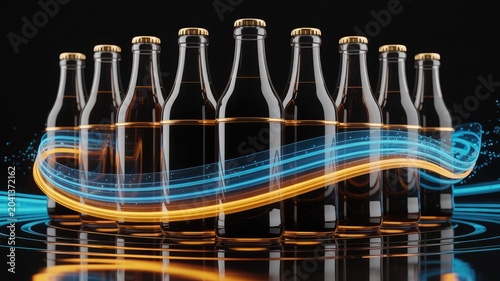 Cinematic photograph of premium glass bottles with glowing swirling light effects on transparent background reflecting modern luxury beverage packaging design