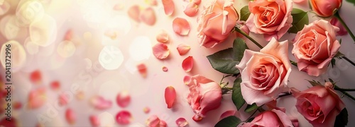 Delicate Romance of Roses: A cascade of soft pink roses and scattered petals evokes a feeling of gentle romance and beauty, with bokeh lights adding a dreamy, ethereal touch.