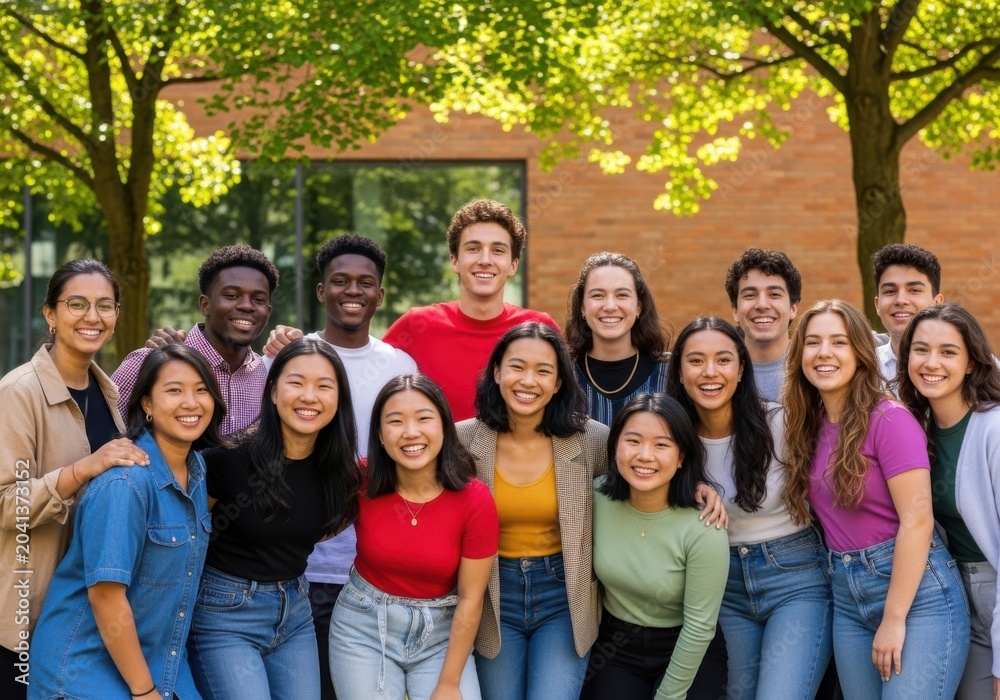 Fototapeta premium Diverse Group Of Friends Smiling And Standing Together Outdoors In Casual Clothing