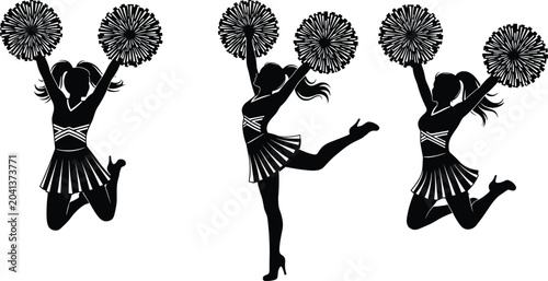 Schilderij op canvas Cheerleader silhouettes, pom-pom action, dynamic poses, sports celebration, team