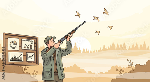 Hunter Targeting Birds in Early Morning Activity
