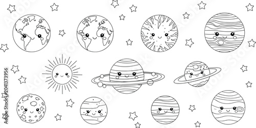 Valokuva Cartoon solar system, smiling planets, Sun and Moon faces, educational space cli