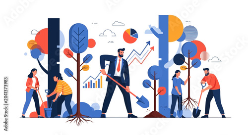 Team Planting Trees with Growth and Business Success Visuals