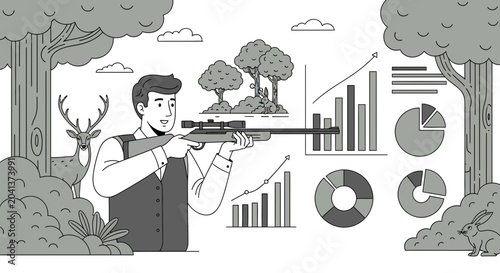 Businessman Hunting with Analytics and Wildlife Illustration