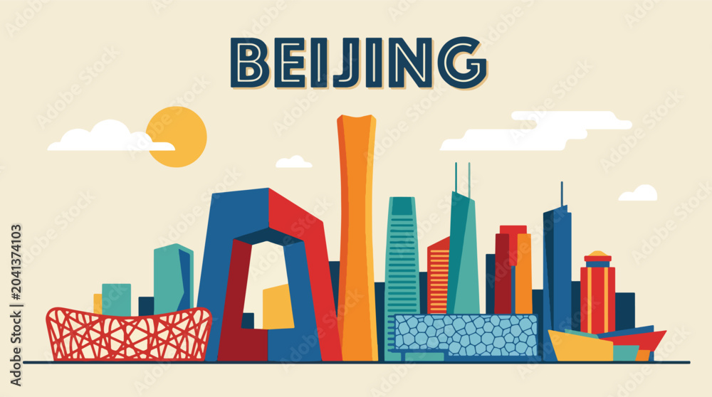 Obraz premium Vibrant Beijing travel poster showcasing cultural city scenery, colorful architecture, and geometric design inspired by traditional tourism artwork