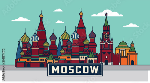 Canvas Print Stylish Moscow travel poster featuring a metropolitan skyline, colorful urban sc