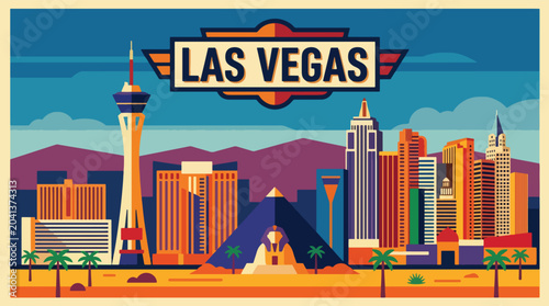 Canvas Print Vibrant Las Vegas travel poster showcasing a desert city skyline, colorful urban