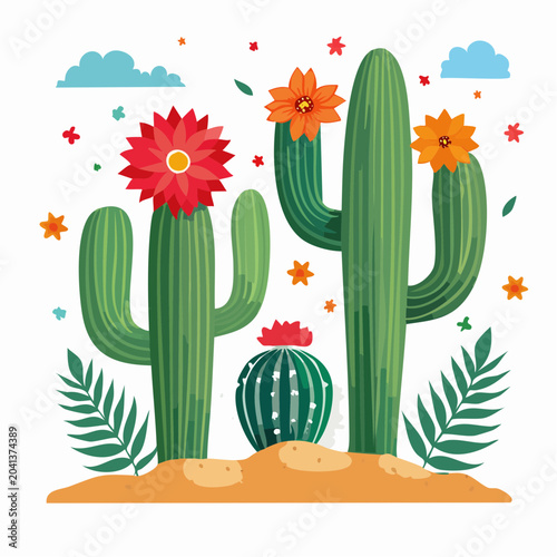 Desert Landscape with Blooming Cacti and Clouds