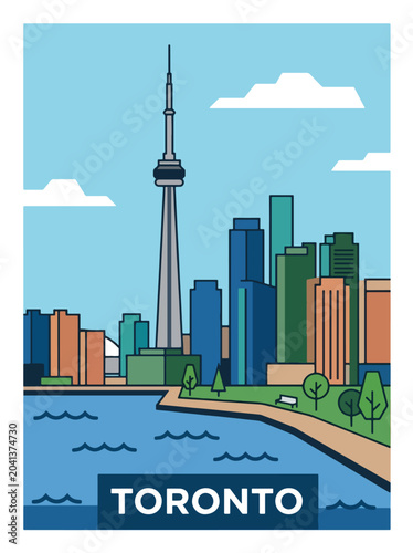 Photography Modern Toronto travel poster featuring a colorful skyline, waterfront scenery, i