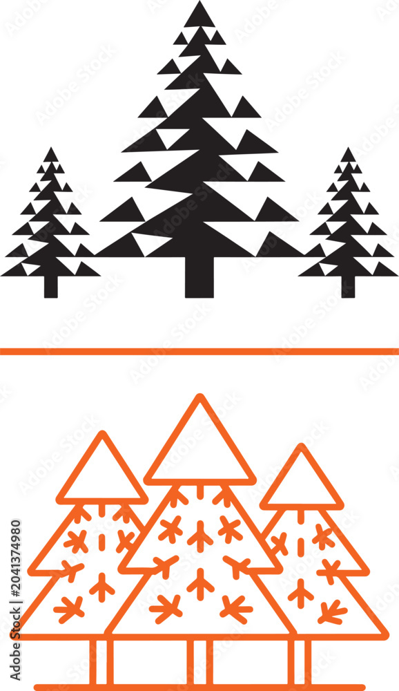 Obraz premium Geometric black pine tree silhouettes and orange outline winter fir tree icons with snowflakes