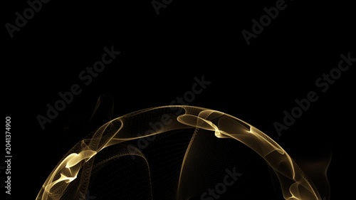 Golden sphere on a black background with an animation of particles, an elegant digital backdrop