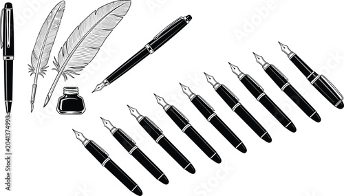Tableau sur toile Black-and-white vector illustration of traditional quill pens with ink bottle al