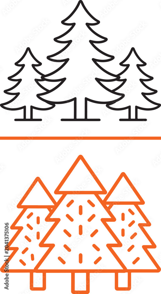 Fototapeta premium Pine tree vector icons in black and orange outline styles for forest and nature design