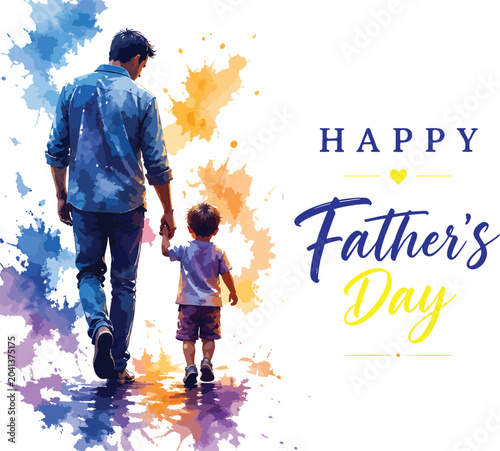Father and son walking hand in hand, watercolor splash background, happy fathers day.