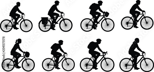 Εκτύπωση καμβά Black silhouettes of diverse cyclists in side profile, showcasing urban commuting, recreational riding, and bicycle gear for lifestyle and transportation visuals