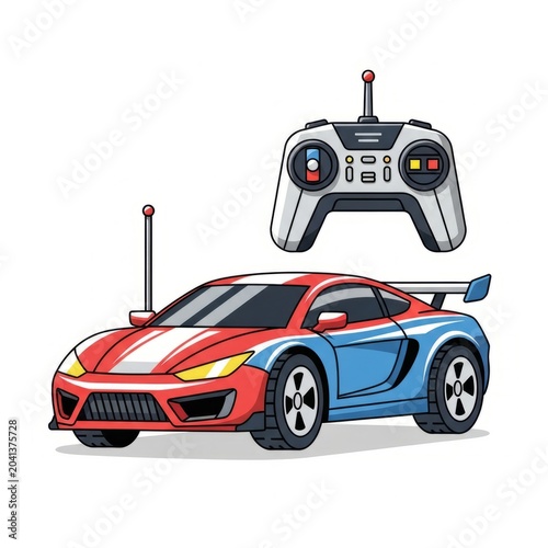 Remote Control Toy Car Illustration Vector with Wireless Controller and Racing Vehicle Isolated on White Background