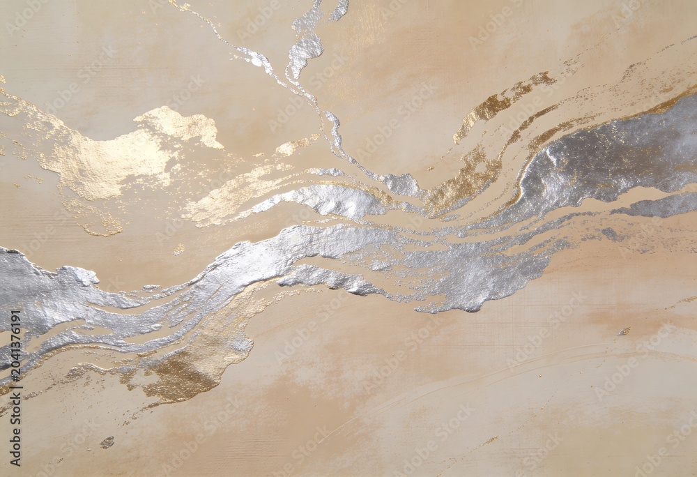 Obraz premium Liquid marble background with luxury gold and silver foil veins, elegant beige texture, fluid art backdrop, wallpaper, banner, modern artistic design.