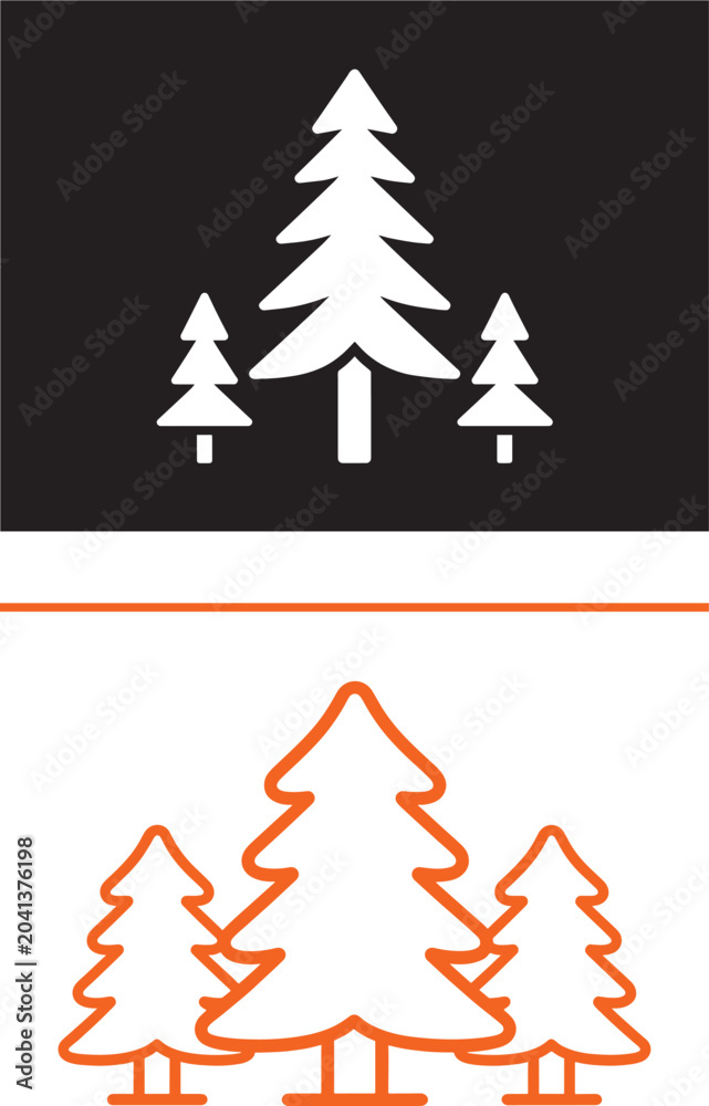 Fototapeta premium Pine tree vector icons with solid white and orange outline designs for forest and nature branding