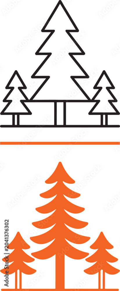 Obraz premium Pine tree icon set with outline and solid orange silhouette designs for nature and forestry branding