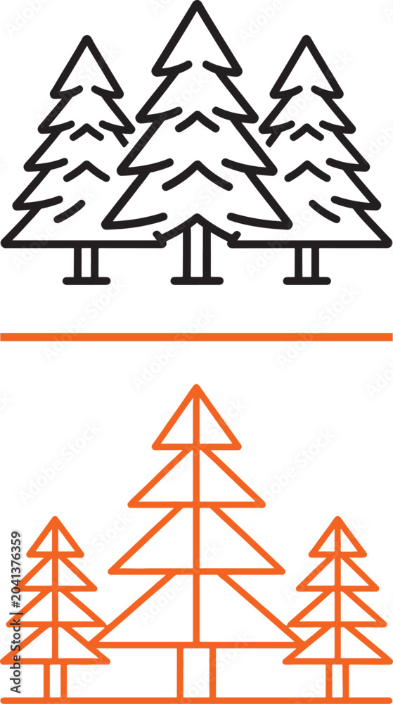 Obraz premium Minimalist pine tree line icons with black and orange forest vector symbols for nature and environment design