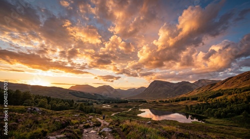 Hiker Walking Toward Scenic Sunset in Scottish Highlands Landscape