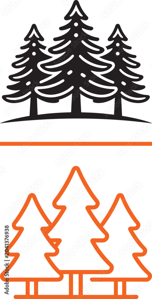 Obraz premium Pine tree vector icons set with black and orange evergreen forest symbols for nature and outdoor design