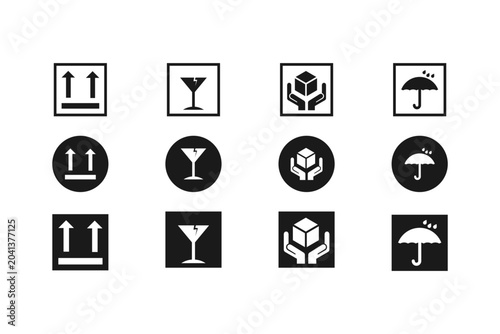 Collection of shipping hazard symbols and logistic icons for package handling and protection