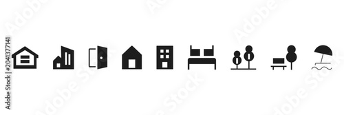 Foto Collection of simple black outline icons representing housing buildings doors tr