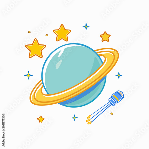 Cartoon Planet with Rings, Stars, and Spaceship
