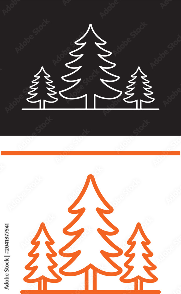 Obraz premium Minimalist pine tree line icons in black and orange vector style for nature and forestry branding