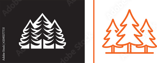 Pine tree forest vector icons in solid and outline styles for nature and outdoor adventure logos