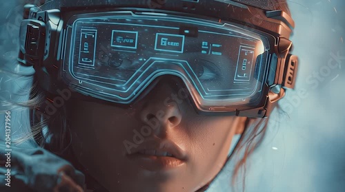 Young woman in futuristic goggles, intense gaze reflected in lenses