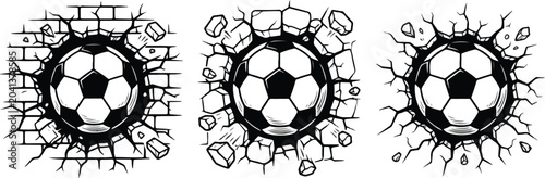 Set of Three Black and White Soccer Balls Breaking Through Cracked Wall, Dynamic Football Crashing and Smash Vector Icons, Sport Power and Energy Design Elements Isolated on White Background