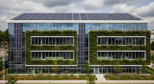 Modern office building with solar panels and green wall under cloudy sky