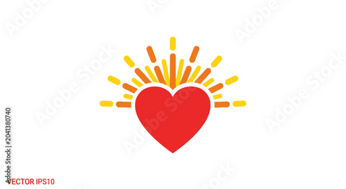 Red heart with rising sun rays, love and hope symbol, vector illustration