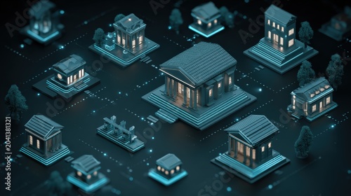 Futuristic digital banking ecosystem with glowing transaction networks concept