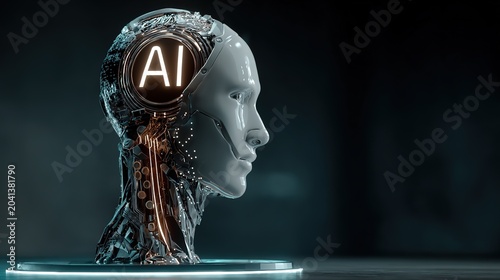 Glowing blue human head profile symbolizing AI with circuit patterns and data flow extending right, white 