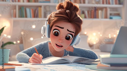 Young woman with headphones studies at a desk, lit by warm fairy lights