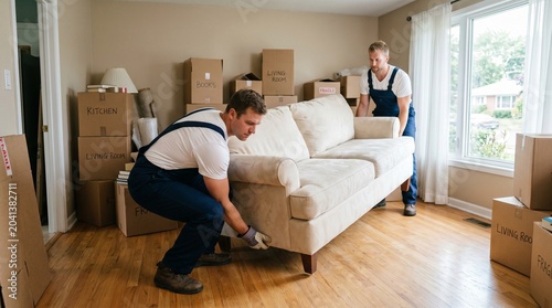 Two professional movers carefully carrying a large white sofa into a new house, surrounded by stacked cardboard boxes during a home relocation.