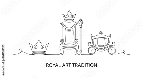 Quadro su tela Royal symbols: crown, throne, scepter, carriage in continuous line art style