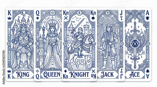 Schilderij op canvas Ornate Royal Playing Cards: King, Queen, Knight, Jack, Ace - Blue Line Art
