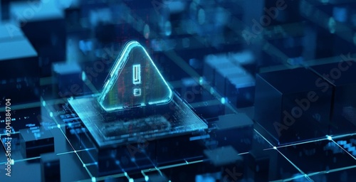 Tableau sur toile Glowing warning symbol floats above digital circuit board