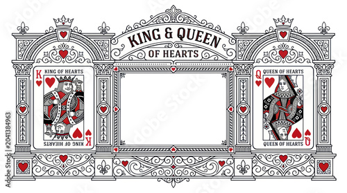 King and Queen of Hearts playing card ornate frame, vintage illustration