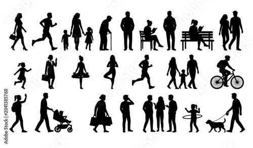 Foto Diverse silhouette collection people engaging in leisure family and fitness acti