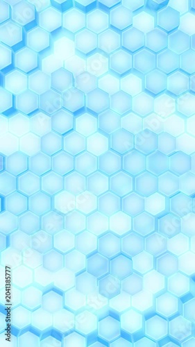White honeycomb background of geometrical patterned hexagons with blue glow. 3d rendered hex shapes creating a visual of a sleek wavy motion for mathematical scientific or technical backgrounds. Loop